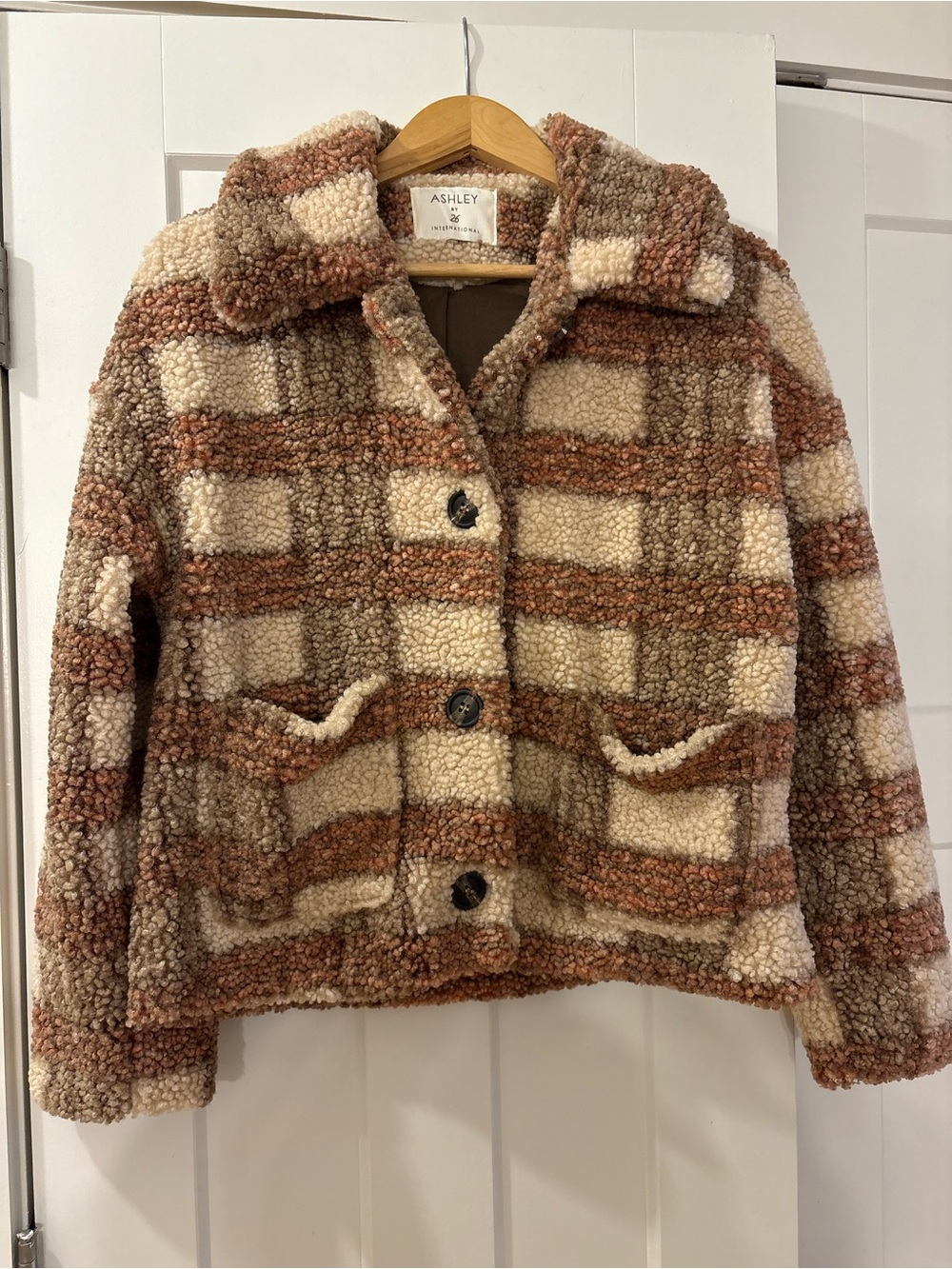 Ashley By 26 International Brown & Cream Plaid Teddy Jacket